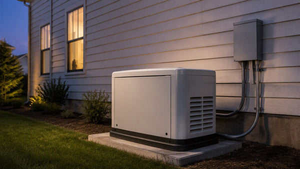 Residential standby generator on a concrete pad beside a house at dusk with interior lights on
