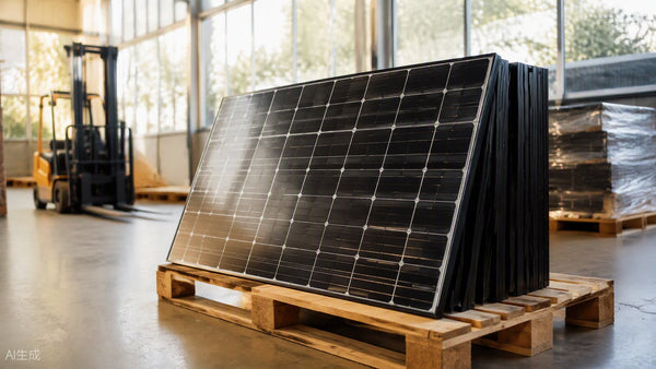 Stacked solar panels on wooden pallets in a warehouse with forklift in background
