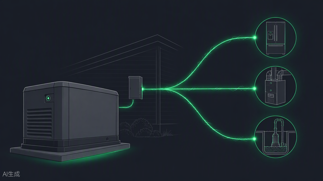 Generator sizing calculator hero — dark technical illustration, Portlandia Electric Supply