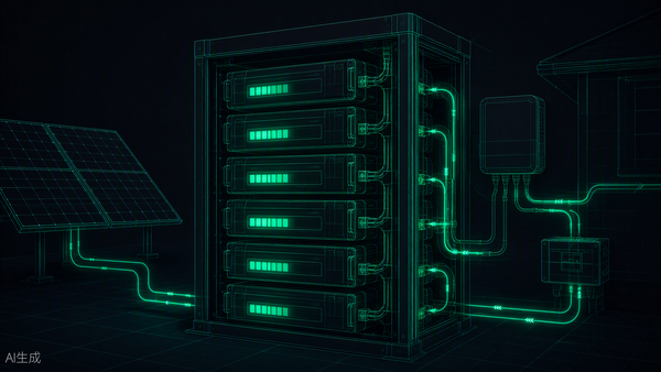 Off-grid battery bank sizing calculator hero — stacked battery rack, Portlandia Electric Supply