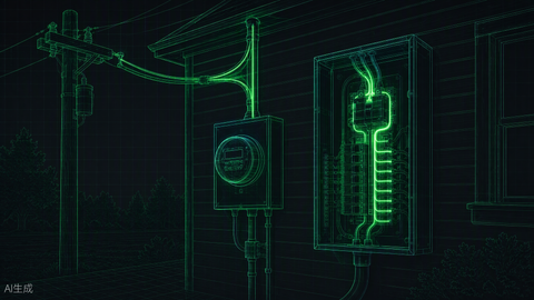 Service entrance load calculator hero — meter base and panel line art, Portlandia Electric Supply