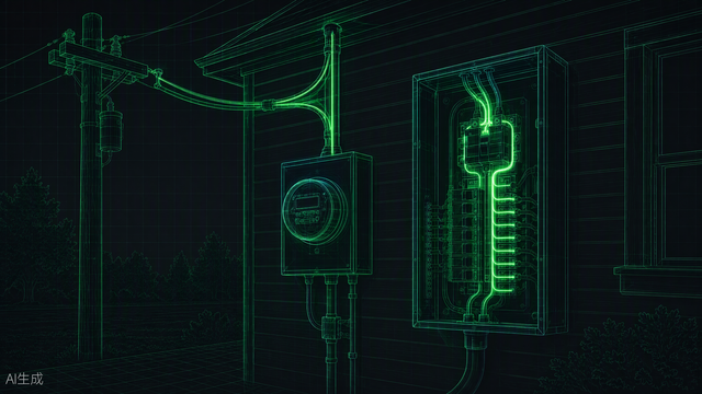 Service entrance load calculator hero — meter base and panel line art, Portlandia Electric Supply