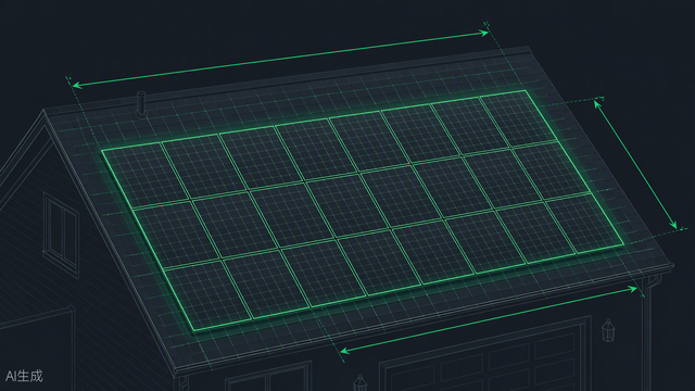 Solar panel sizing calculator hero — rooftop array with dimension lines, Portlandia Electric Supply