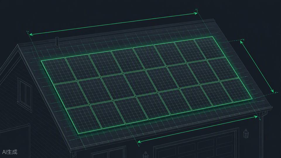 Solar panel sizing calculator hero — rooftop array with dimension lines, Portlandia Electric Supply