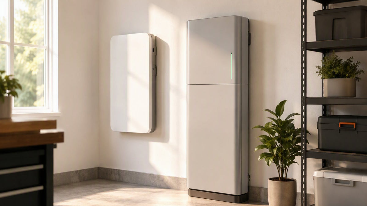 Tesla Powerwall 2 and sonnen eco home battery systems side by side in a modern residential garage