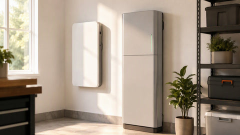 Tesla Powerwall 2 and sonnen eco home battery systems side by side in a modern residential garage