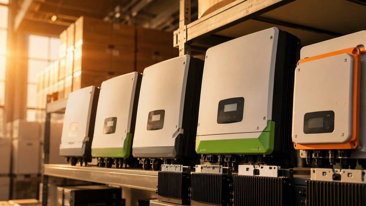 Solar string inverters on warehouse shelf — Section 301 tariff impact on solar BOS components