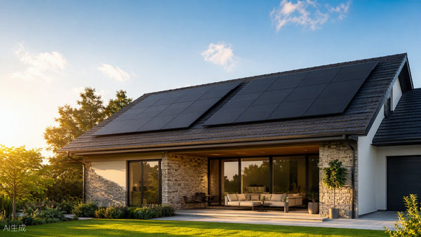 Premium black-framed residential solar panels on a modern home roof at golden hour