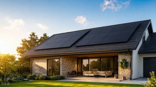 Premium black-framed residential solar panels on a modern home roof at golden hour
