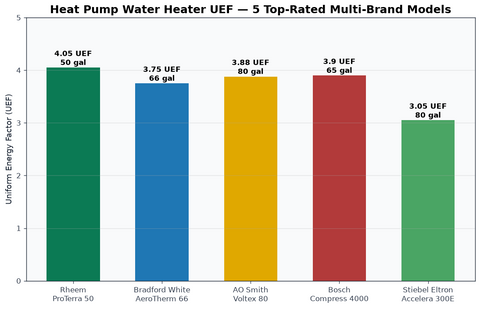 Heat pump water heater UEF comparison — Rheem, Bradford White, AO Smith, Bosch, Stiebel Eltron