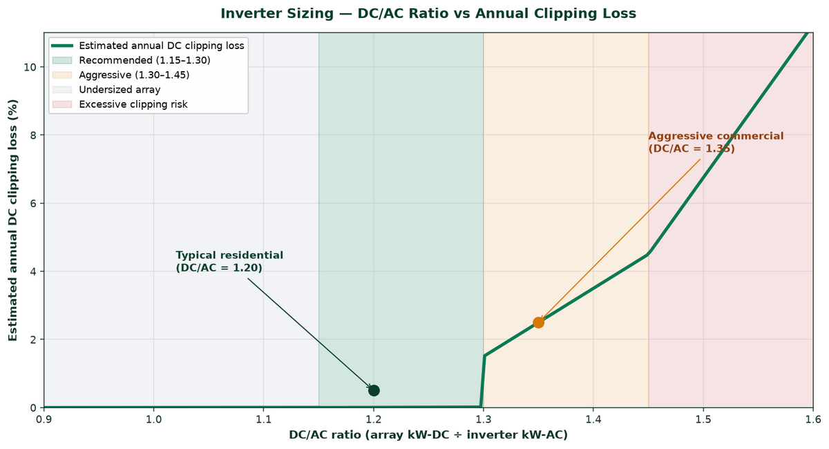 Solar inverter sizing reference — DC/AC ratio vs annual clipping loss — PES Supply