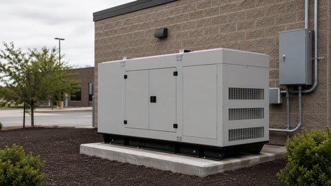 Commercial standby generator on a concrete pad with a wall-mounted automatic transfer switch