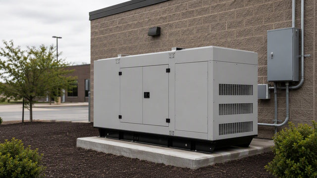Commercial standby generator on a concrete pad with a wall-mounted automatic transfer switch