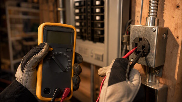 Electrician testing a 240V receptacle with a digital multimeter in a workshop with panel behind