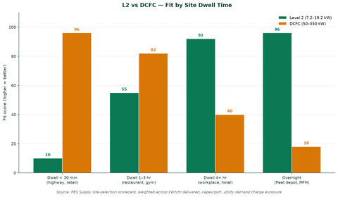 Level 2 vs DCFC site-fit selection chart by dwell time — PES Supply