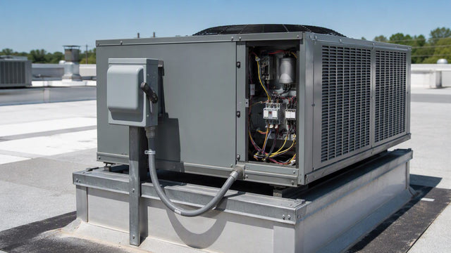 Rooftop air-conditioning condenser unit with electrical disconnect and conduit whip
