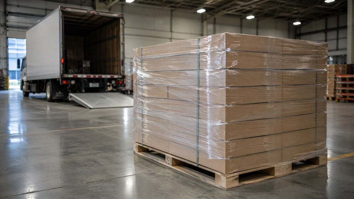 Pallet of boxed solar panels in shrink wrap on a warehouse floor with a liftgate box truck behind