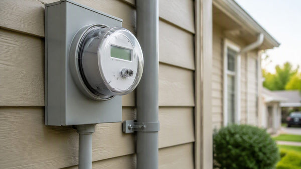 Residential electric meter on an exterior wall beside the service entrance conduit of a suburban home