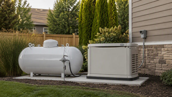 White residential propane tank beside a standby generator on a concrete pad in a suburban backyard