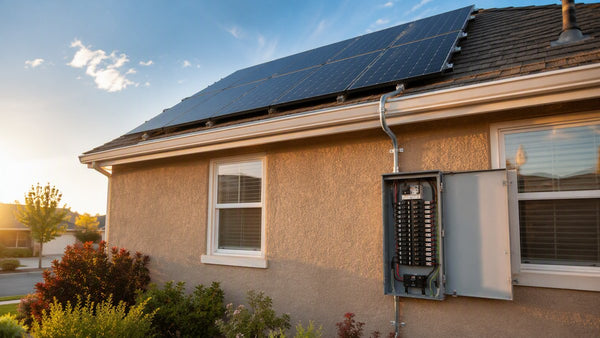 Rooftop solar array with conduit down to an open main service panel showing the backfed PV breaker