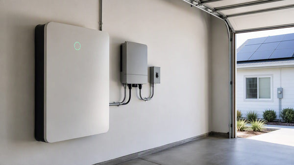 Home battery storage unit wall-mounted in a garage charging from rooftop solar with hybrid inverter