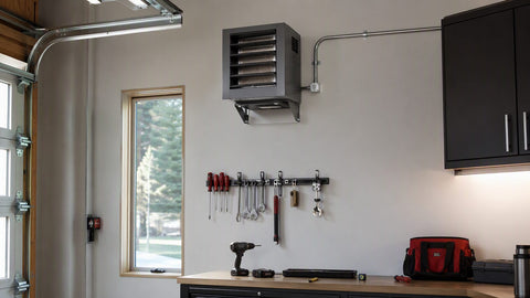 Electric unit heater mounted high on the wall of a residential garage workshop with metal conduit