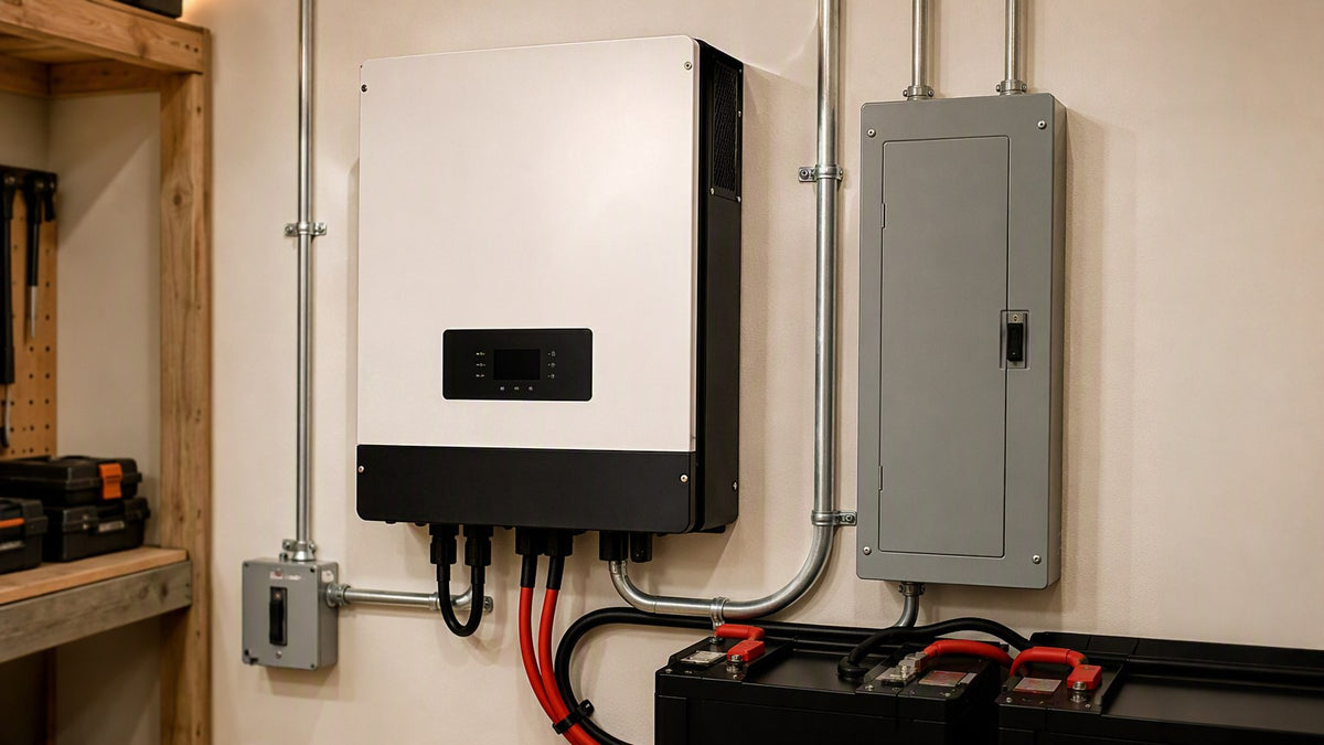 Wall-mounted hybrid solar inverter in a tidy residential utility room with metal conduit, red and black battery cables and a subpanel
