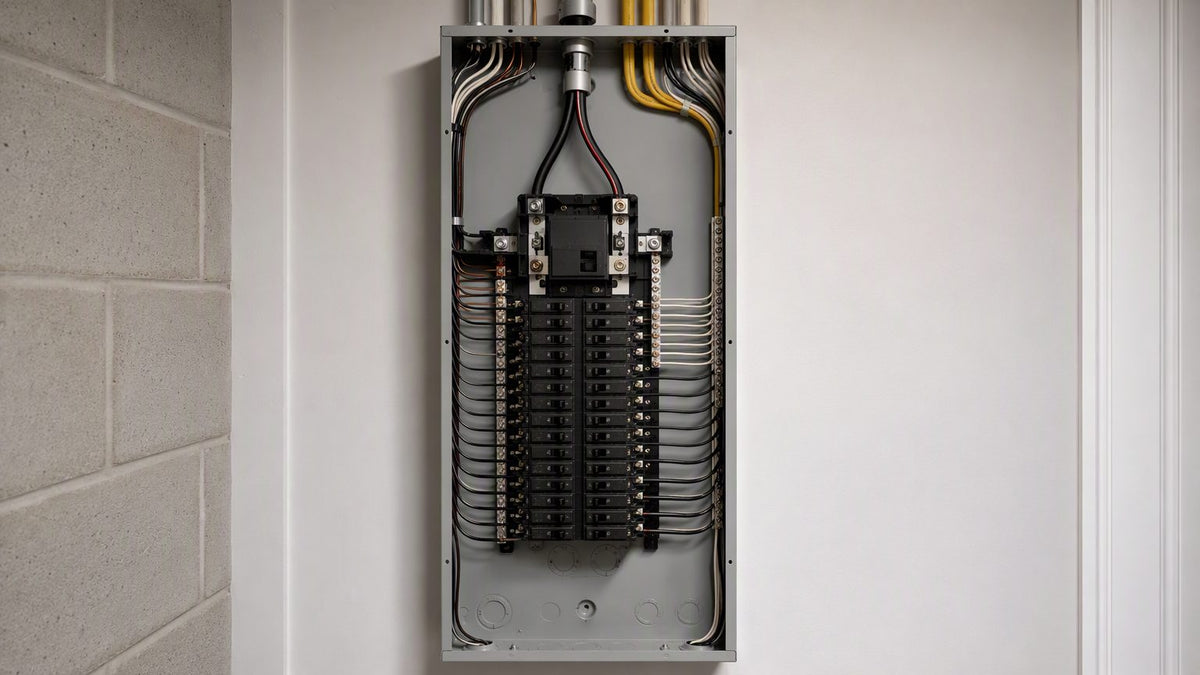 Subpanel electrico con cable alimentador y circuitos derivados ordenados