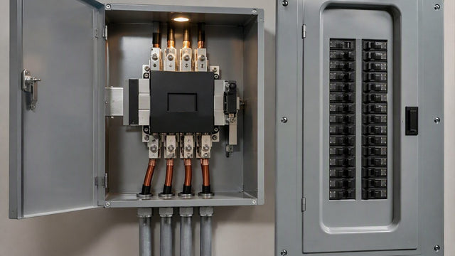 Automatic transfer switch with thick copper conductors next to breaker panel