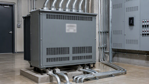 Dry-type electrical transformer with conduit connections in a commercial electrical room