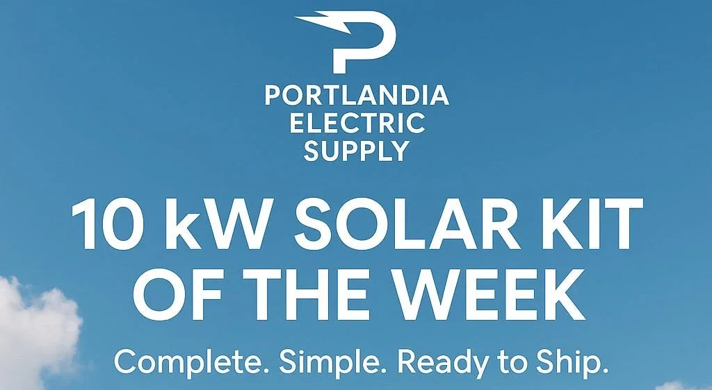 Portlandia Electric Supply 10 kW solar kit promotion on blue sky background