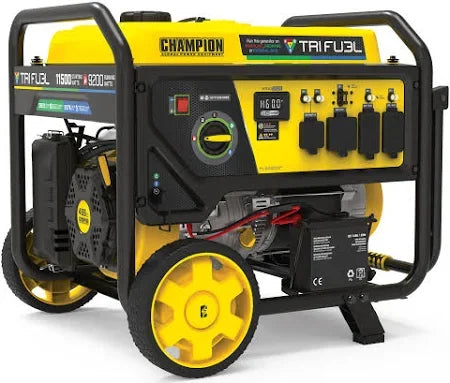 Yellow Champion tri-fuel portable generator with wheels, outlets, and control panel