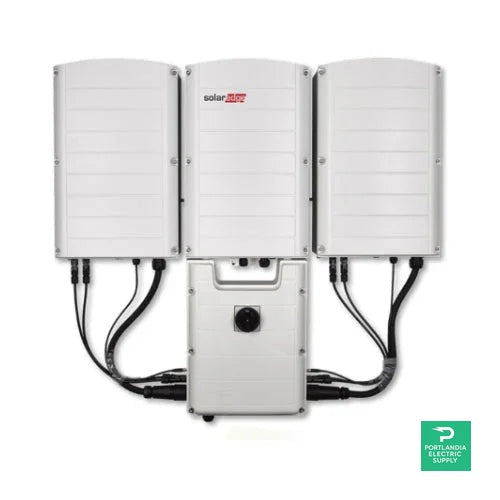 SolarEdge SE43.2K-USRP0BNU4 inverter with three white modules and connected cables, front view