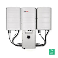 SolarEdge SE43.2K-USRP0BNU4 inverter with three white modules and connected cables, front view