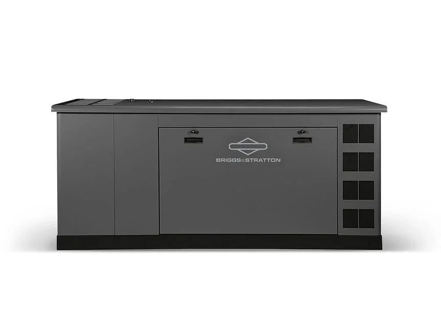 Briggs & Stratton gray standby generator with logo, front vent panels, and rectangular metal body