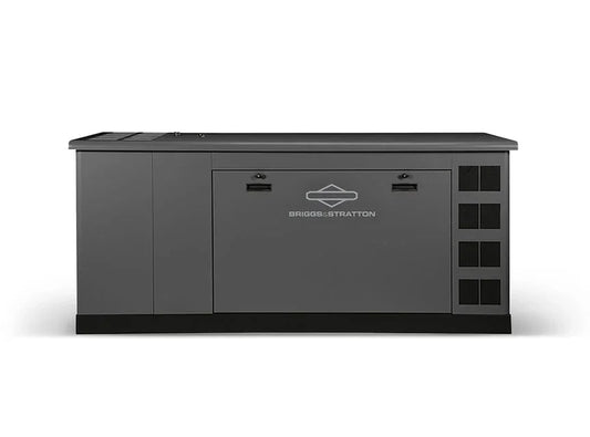 Briggs & Stratton gray standby generator with logo, front vent panels, and rectangular metal body