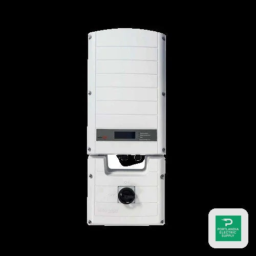 SolarEdge SE7600A-USS2RLCB2 white solar inverter front view on black background