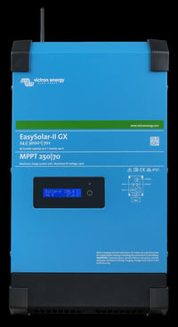 Victron Energy EasySolar-II GX 48/3000/35-32 MPPT 250/70 GX front view, blue solar inverter charger with display.
