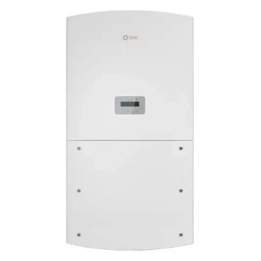 Solis 50K US solar inverter front view, white unit with display screen and Solis logo