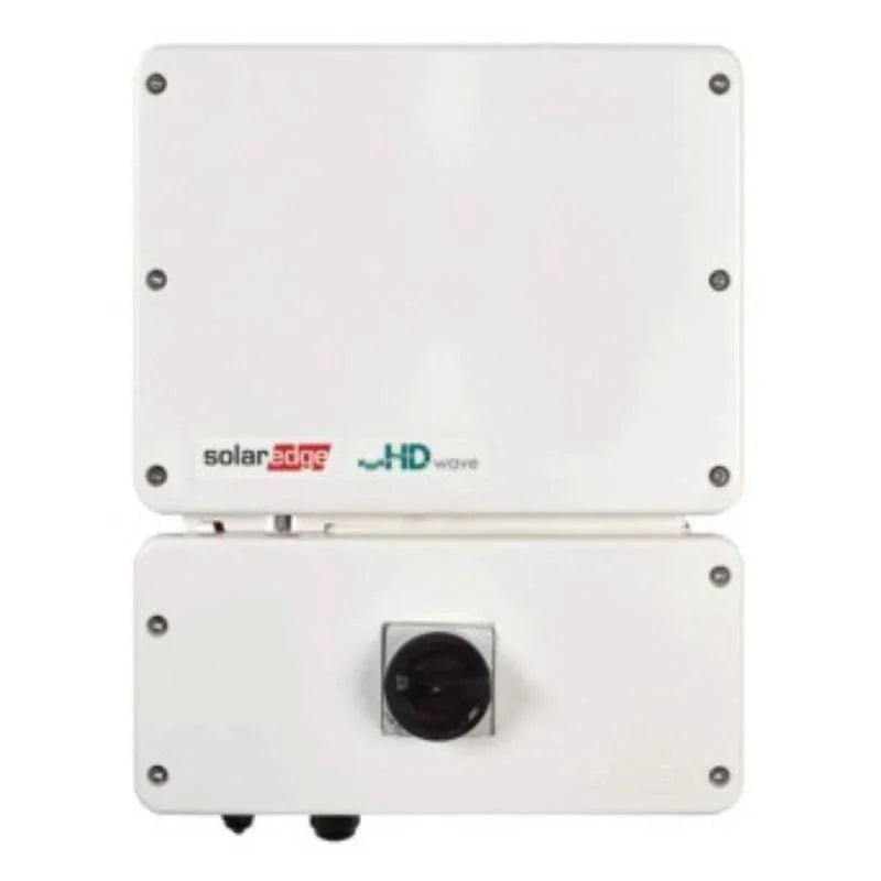 SolarEdge HD-Wave inverter front view, white enclosure with black rotary switch