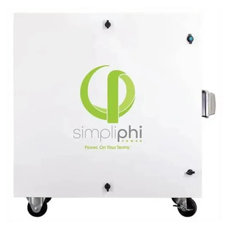 SimpliPhi Power E-2PHI-48-60 battery cabinet with logo, on wheels, white background