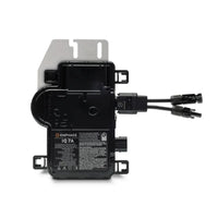 Enphase IQ7A microinverter front view with connectors, black casing on white background