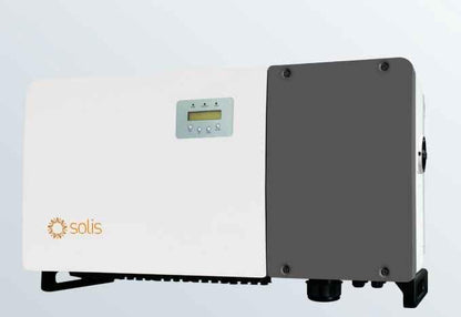 Solis 100K 5G-US solar inverter front view with LCD display and logo on white background