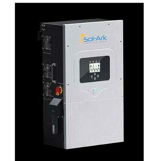 Sol-Ark 12K EMP solar inverter with LCD screen and control panel, silver and black design