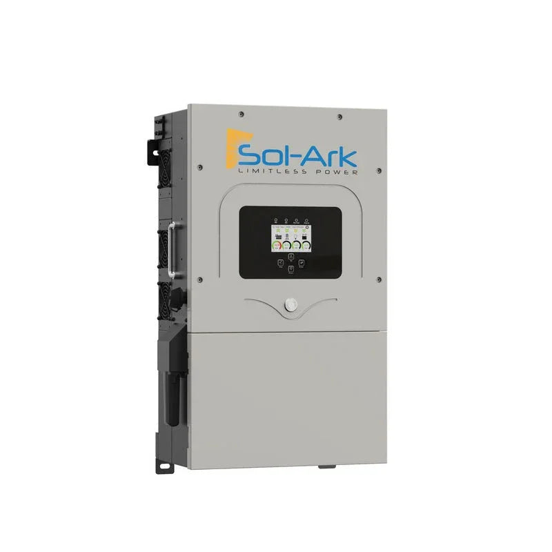 Sol-Ark Limitless Power 15K solar inverter with digital display, grey wall-mounted unit