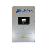 Sol-Ark 8K inverter front view with touchscreen display and electric shock warning label