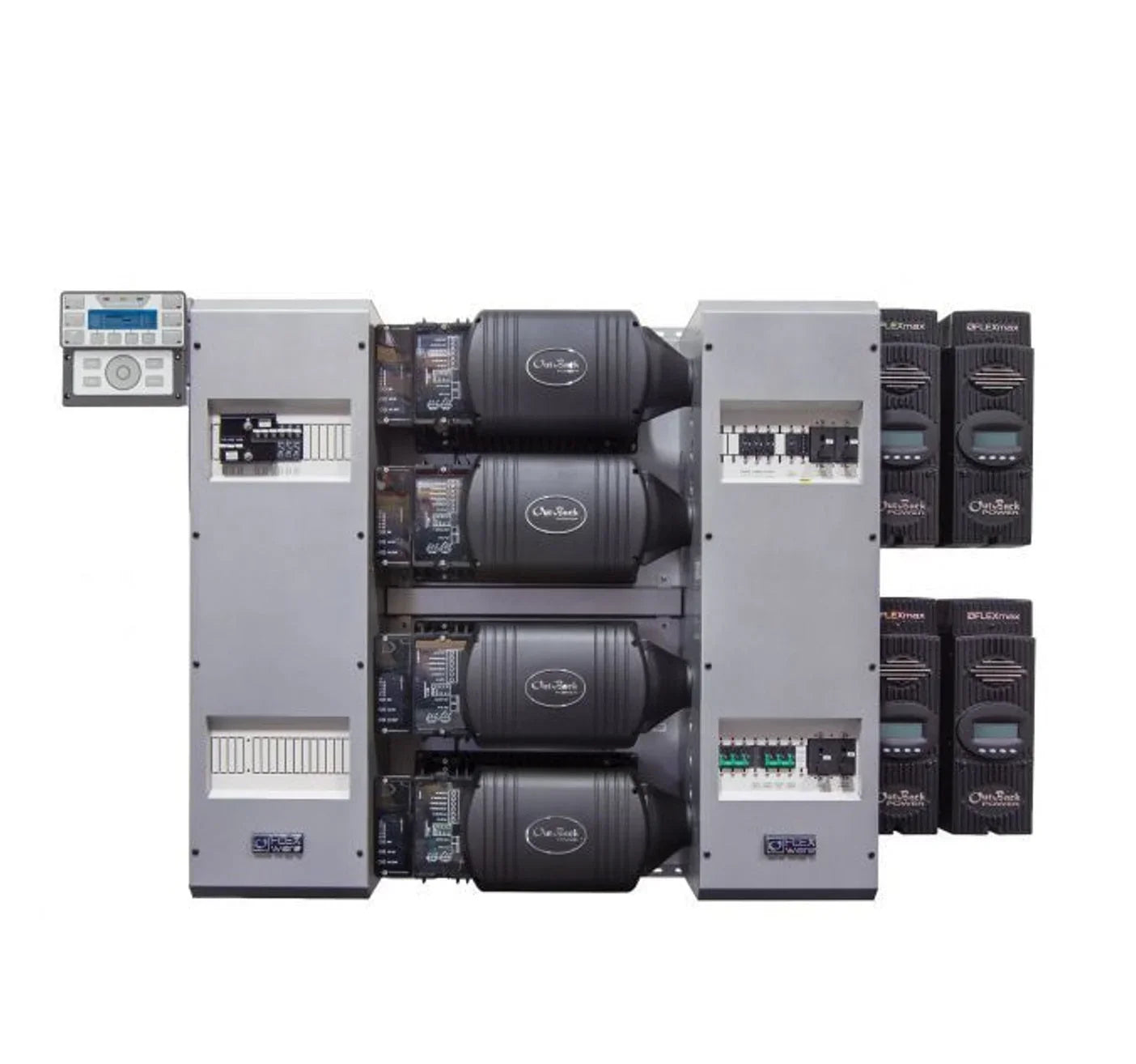 Front view of Outback Power FP4 VFXR3048E inverter system with control panel and charge controllers
