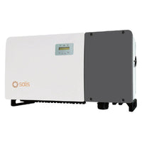 Solis 100K 5G solar inverter front view, wall-mounted, LCD display, white and gray housing