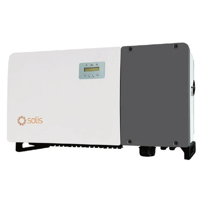 Solis 100K 5G solar inverter front view, wall-mounted, LCD display, white and gray housing