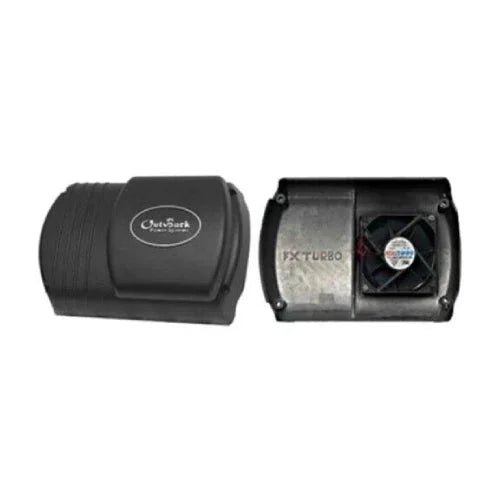 Outback Power FXTURBOKIT cooling fan kit components, black casing and fan, front view